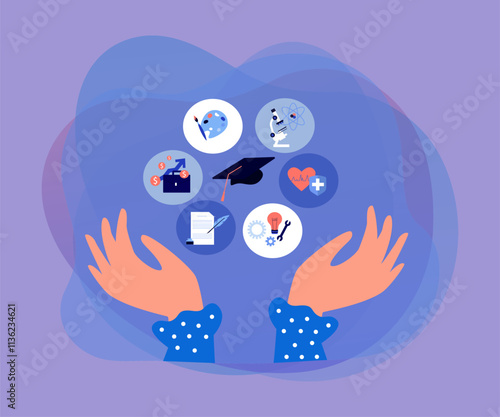 Hands of student and symbols of different university majors. Person choosing college or career direction flat vector illustration. Education concept for banner, website design or landing web page