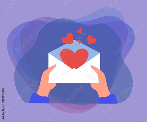 Hands opening envelope with hearts inside. Person holding letter with confession flat vector illustration. Love, romance, valentine day concept for banner, website design or landing web page