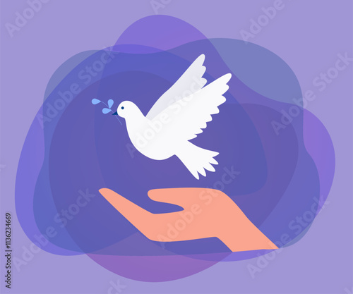 Huge human hand and white dove with olive branch flying. Bird as symbol of hope, love and peace flat vector illustration. Peace, freedom concept for banner, website design or landing web page