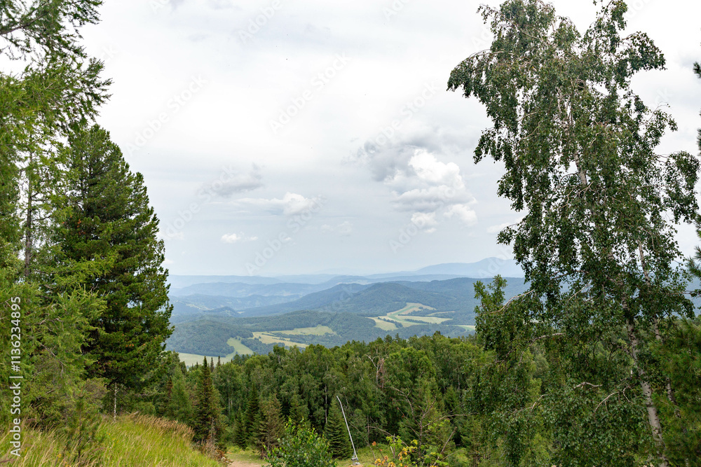 Beautiful view from Sinyukha mountain. Manzherok village, Altai republic, Russia