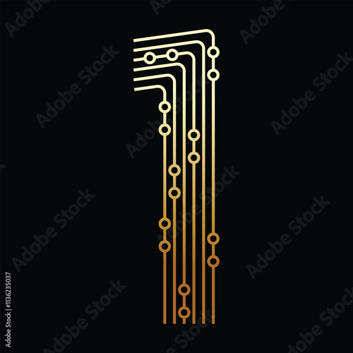 Golden Number One Made of Circuit Board on Black Background