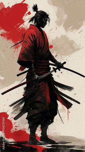Minimalist Samurai Silhouette in Red and Black Smoke
