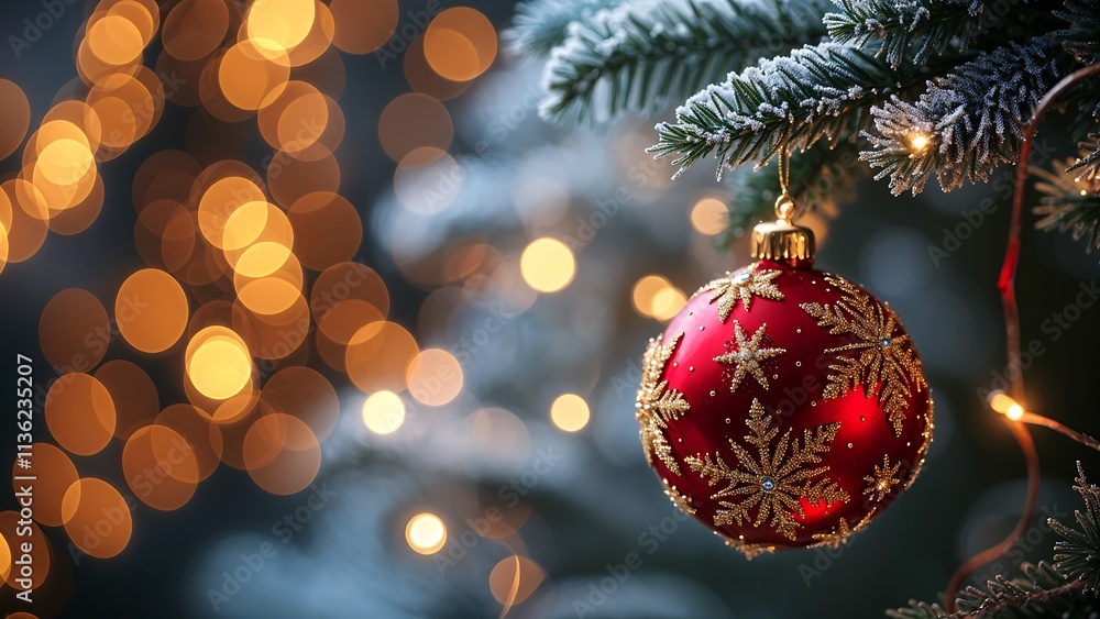 Bright red Christmas ball with gold snowflake patterns Bright red Christmas ball with gold snowflake patterns