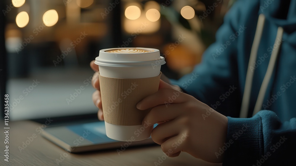 Close-up of a person holding a cup of coffee during an informal business chat Close-up of a person holding a cup of coffee during an informal business chat