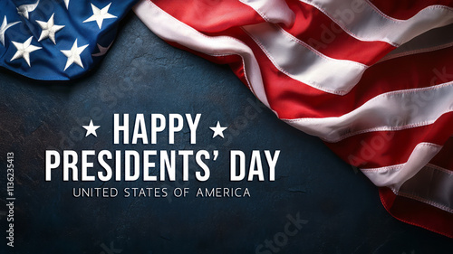 Happy Presidents' Day Celebration with American Flag and Stars on Dark Background