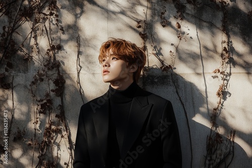 Portrait of a Young Man in a Black Suit Against a Weathered Wall photo