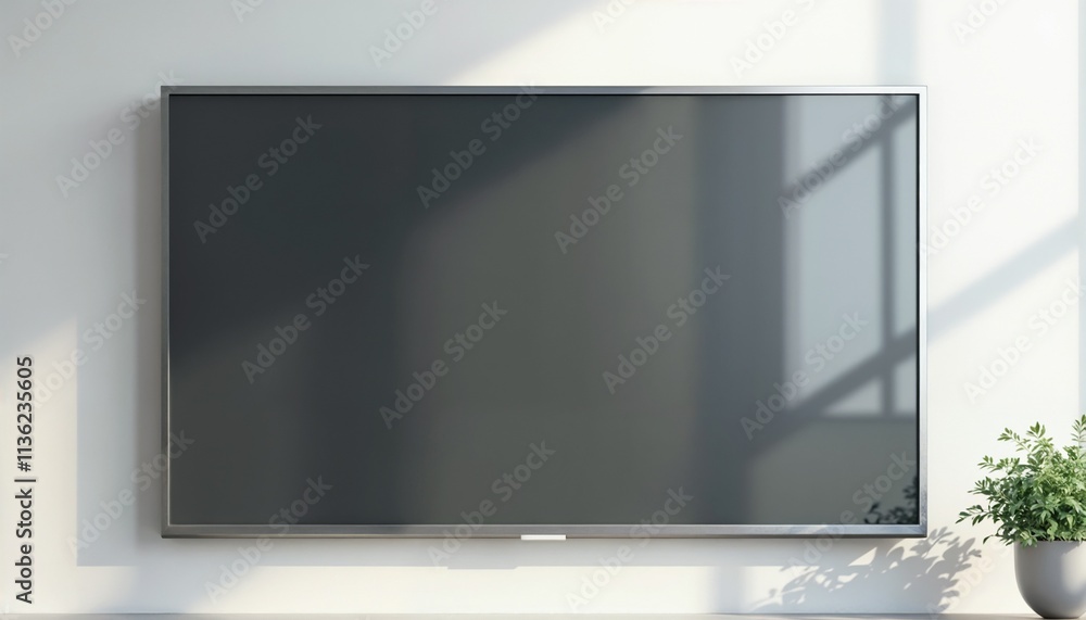 Blank flat-screen TV display mounted on wall in airy living room, mockup Blank flat-screen TV display mounted on wall in airy living room, mockup