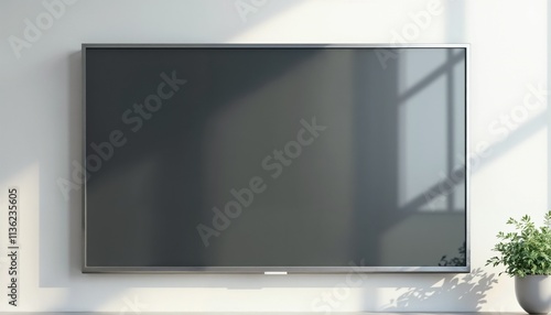 Blank flat-screen TV display mounted on wall in airy living room, mockup