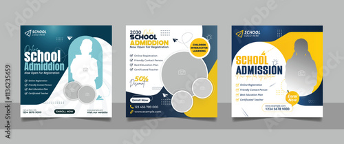 back to school admission social media post set, higher education promotion square flyer web banner study abroad template design.