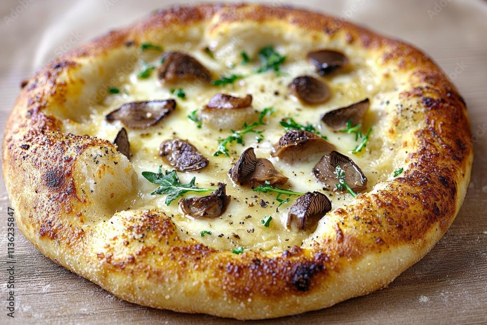 A whole pizza with arugula, cheese, porcini mushrooms and truffle oil
