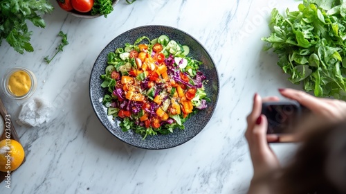 Vibrant colorful salad photographed on marble surface photo