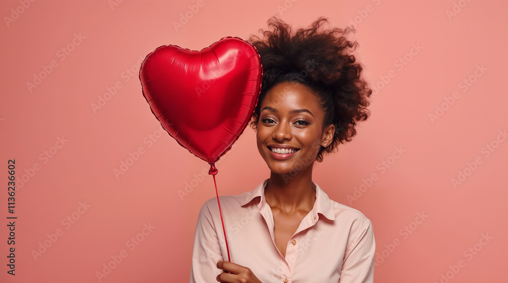 Black girl smiling holding red heart shaped balloons in her hands Black girl smiling holding red heart shaped balloons in her hands