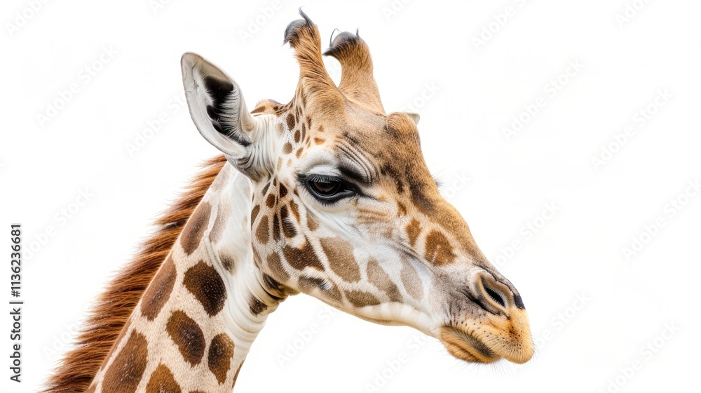 Close Up Side Profile of a Giraffe with Detailed Patterns Against White Background Close Up Side Profile of a Giraffe with Detailed Patterns Against White Background