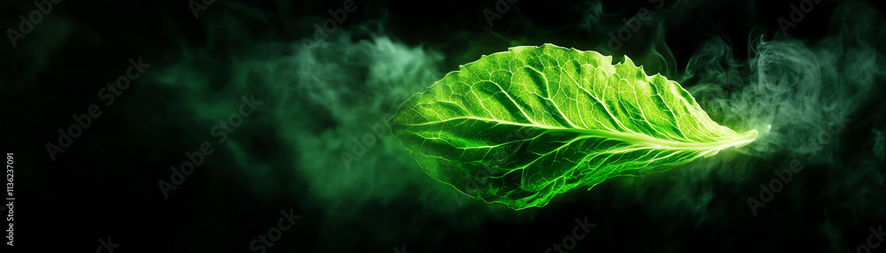 A vibrant green leaf surrounded by ethereal smoke, symbolizing nature's beauty. A vibrant green leaf surrounded by ethereal smoke, symbolizing nature's beauty.