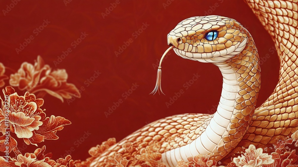 Fototapeta premium A striking golden snake coiled with a tassel, perfect for Lunar New Year promotions or luxury branding, exuding elegance and cultural significance.
