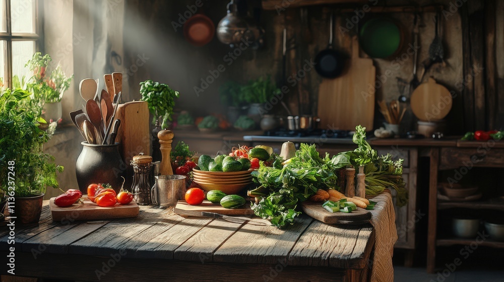 Rustic Kitchen Table Displaying Fresh Vegetables and Herbs Rustic Kitchen Table Displaying Fresh Vegetables and Herbs
