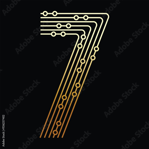 Golden Number Seven Made of Circuit Board on Black Background