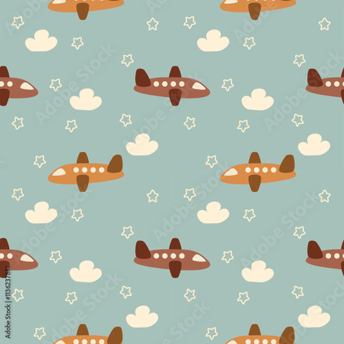 Airplane cartoon so cute. On cloud star background. Pattern seamless vector illustration. 
