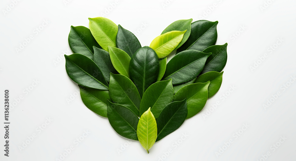 Obraz premium Heart-shaped arrangement of vibrant green leaves against a soft blue backdrop