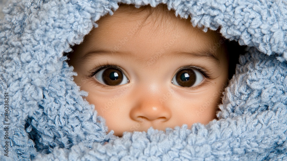 Adorable baby peeking from a soft blue blanket. Adorable baby peeking from a soft blue blanket.