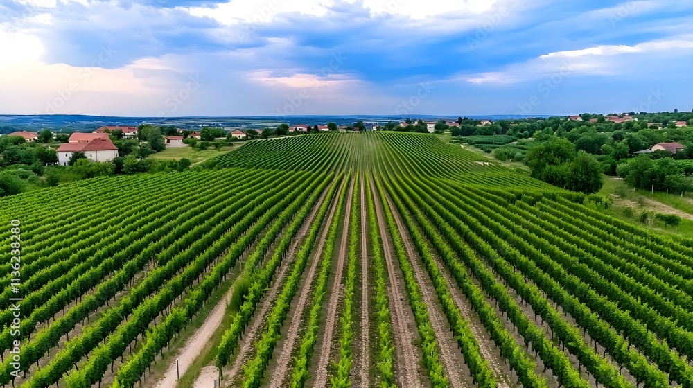 Vast Vineyard Landscape with Neatly Arranged Rows of Green Vines, Countryside Homes, and Rolling Fields Under a Blue Sky, Capturing the Serenity and Charm of Rural Agriculture Vast Vineyard Landscape with Neatly Arranged Rows of Green Vines, Countryside Homes, and Rolling Fields Under a Blue Sky, Capturing the Serenity and Charm of Rural Agriculture