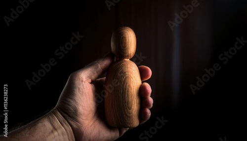 close-up of a hand holding a finished wooden figurine with smooth surface and natural wood grain in dramatic lighting
 photo