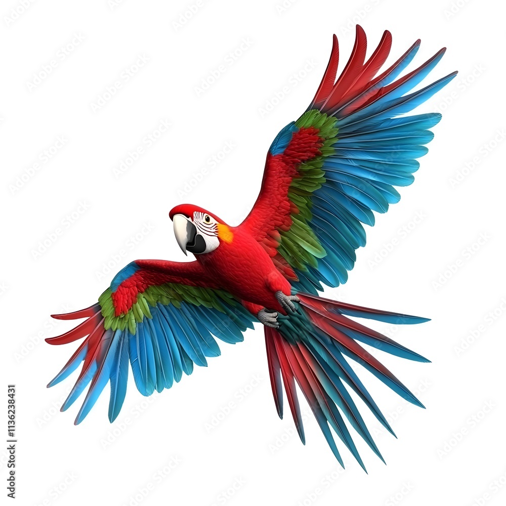 Obraz premium Vibrant Scarlet Macaw Soaring in Flight with Colorful Red, Blue, and Green Feathers Spread Wide Against a White Background, Majestic Tropical Parrot Illustration