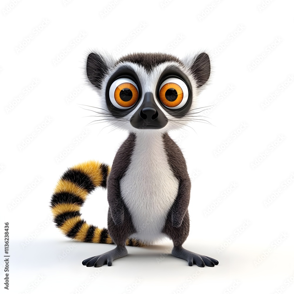 Adorable Cartoon Lemur with Big Orange Eyes and Fluffy Striped Tail, Standing Upright in a Fun and Whimsical Digital Illustration Style on a Clean White Background Adorable Cartoon Lemur with Big Orange Eyes and Fluffy Striped Tail, Standing Upright in a Fun and Whimsical Digital Illustration Style on a Clean White Background