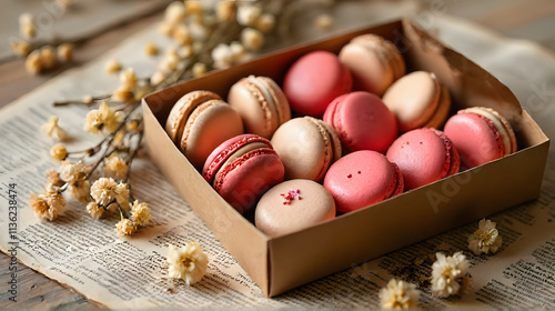 Macarons in a box are beautifully arranged on a patterned newspaper background, decorated with dried flowers. Perfect for bakery promotions, food photography or dessert themed designs. photo