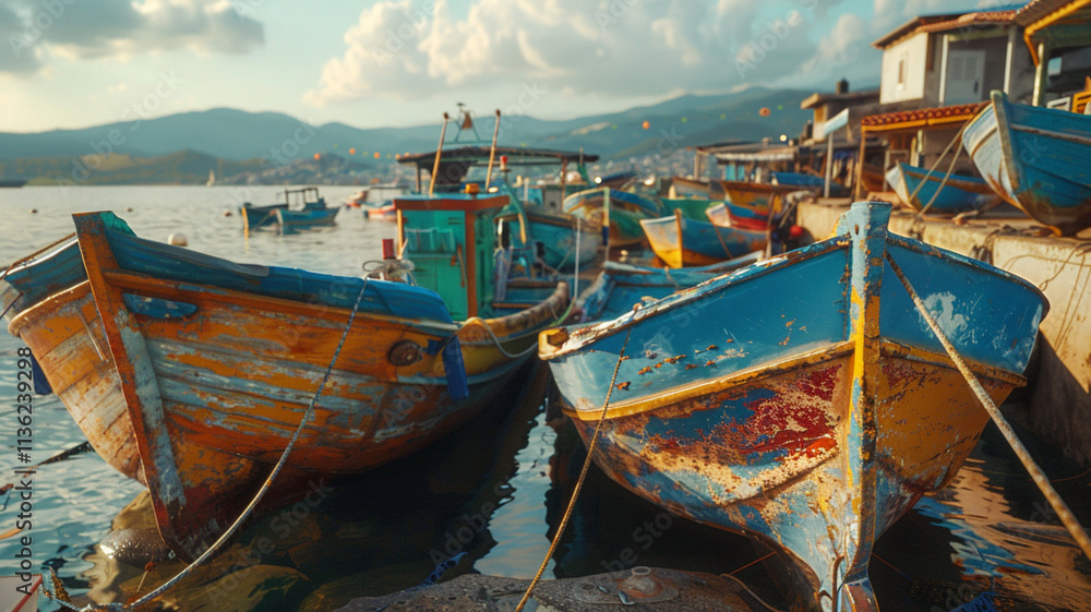 Colorful Fishing Boats at Dock: A cluster of traditional fishing boats with bright colors and peeling paint, tied up at a quiet dock. Colorful Fishing Boats at Dock: A cluster of traditional fishing boats with bright colors and peeling paint, tied up at a quiet dock.