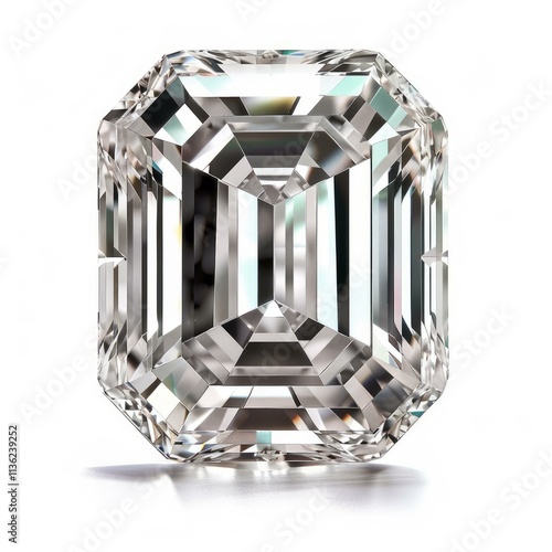 Sparkling emerald cut diamond with light refracting through facets on a white background