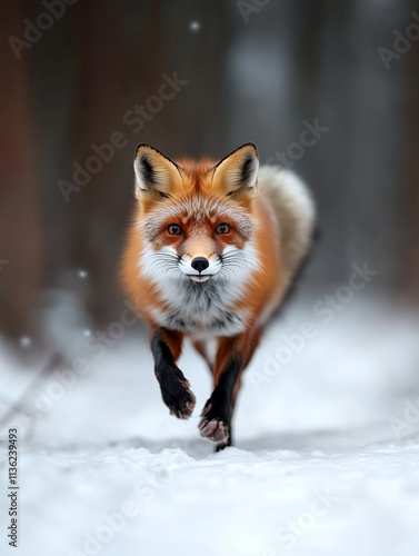 Red fox trots through snowy forest during winter