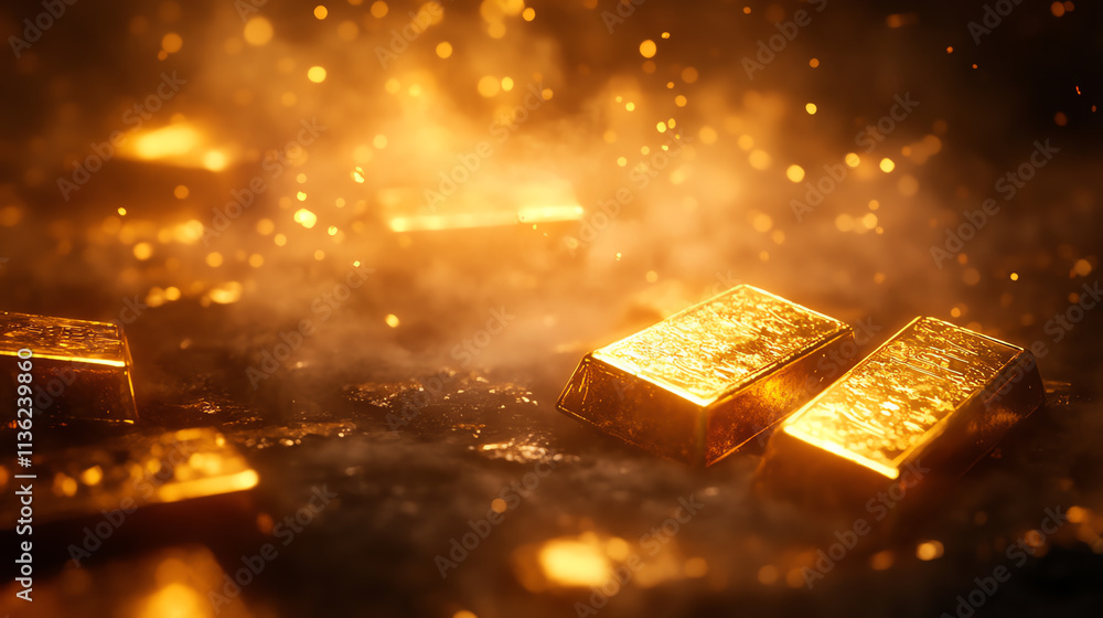 Close-up of shiny gold bars glowing in misty environment, symbolizing wealth. Close-up of shiny gold bars glowing in misty environment, symbolizing wealth.