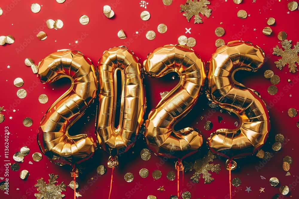 Fototapeta premium 2025 golden balloons with festive confetti on red background