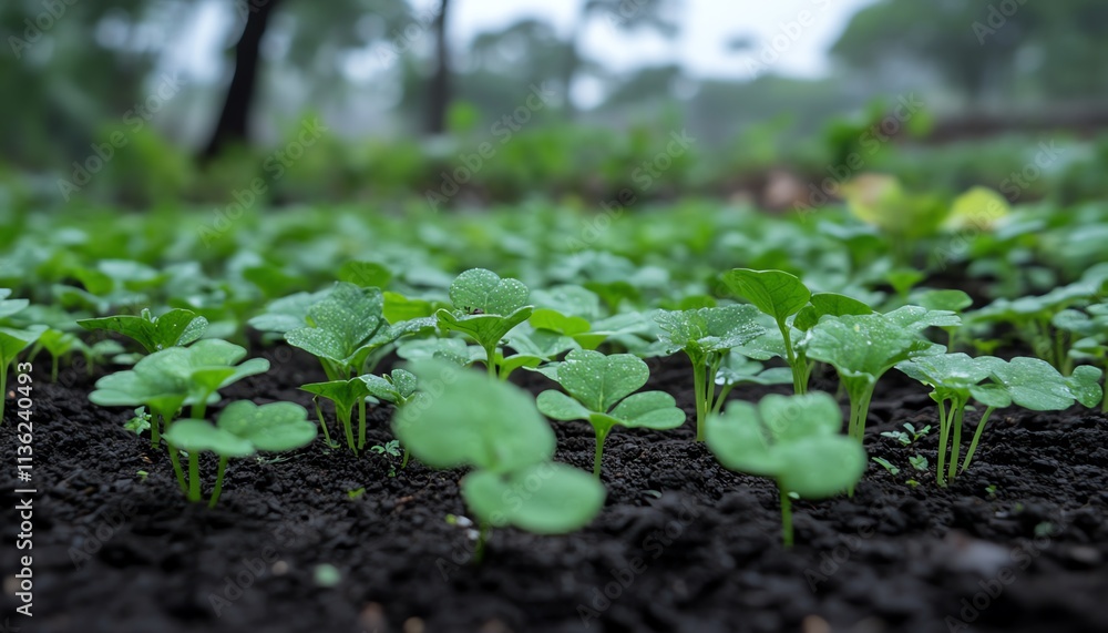 Green seedlings growing robustly in dark soil, surrounded by vibrant plant life, a symbol of natures resilience and renewal Green seedlings growing robustly in dark soil, surrounded by vibrant plant life, a symbol of natures resilience and renewal