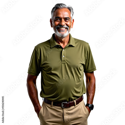 Front view mid shot of a 60-year-old handsome indian man dressed in a muted olive green polo shirt and khaki trousers smiling on a white transparent background.