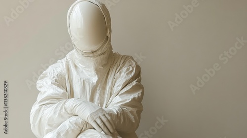 A Minimalist White Figure in a Faceless Costume Sitting Calmly Against a Neutral Backdrop, Evoking Themes of Mystery and Futurism in Contemporary Art photo