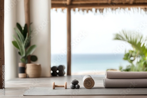 Serene workout area with yoga props and free weights coastal retreat wellness space tranquil environment inviting viewpoint fitness concept photo