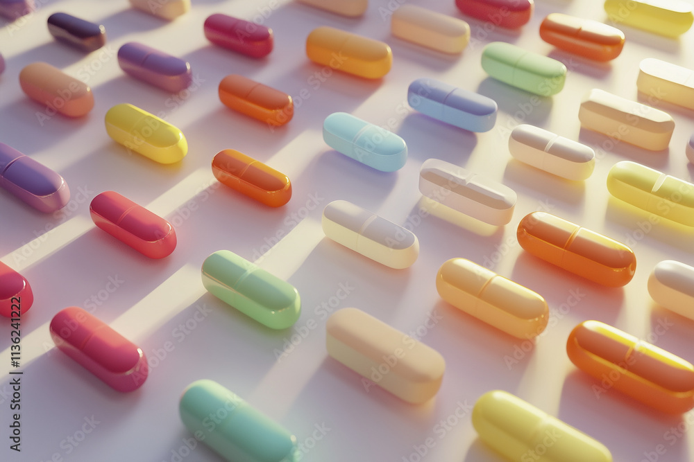 Multicolor tablets on flat minimal surface, medicine background, treatment, health care Multicolor tablets on flat minimal surface, medicine background, treatment, health care