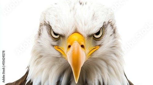 Close-up portrait of a bald eagle's intense face, isolated on white background.