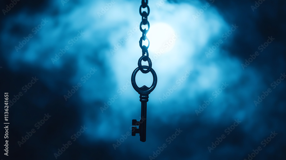 A mystical key hanging from a chain, illuminated by soft blue light and fog. A mystical key hanging from a chain, illuminated by soft blue light and fog.