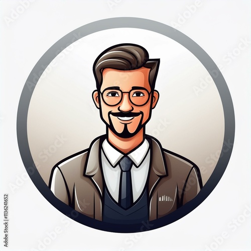 Business man wearing round glasses and brown suite and smiling