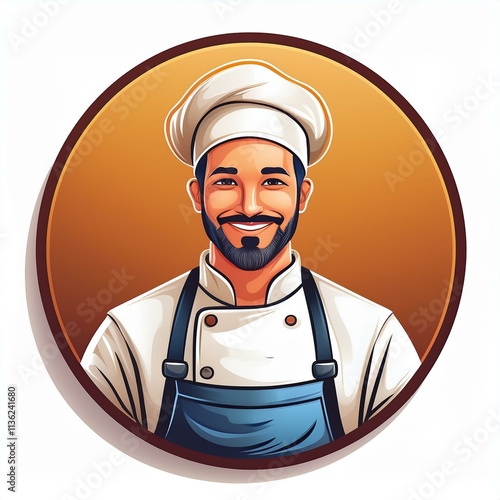 Chef smiling and wearing cook hat with brown background illustration