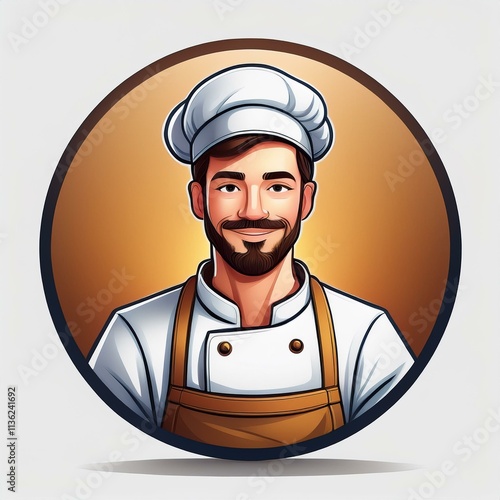 Happy young chef guy with brown and white uniform