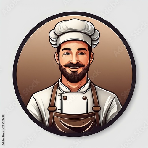 Smiling cook man in brown circle with black stroke with white uniform