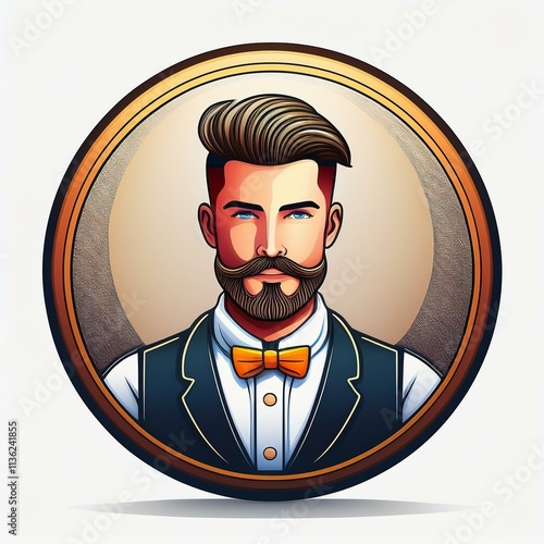 Illustration circular icon with a man with haircut in center wearing blue suite