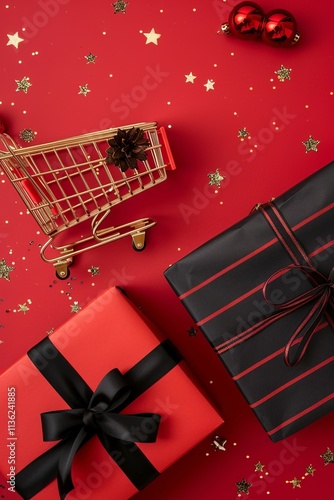 Christmas flat lay with wrapped gifts, confetti, and gold decorations on red background photo