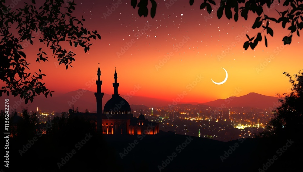 Obraz premium Silhouette of a mosque at sunset with a crescent moon and city lights in the background, a Ramadan concept 