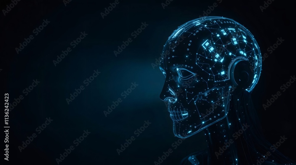 Digital Mind: A mesmerizing abstract representation of a human head, composed of glowing digital particles, set against a deep blue background. This image embodies the concept of AI. Digital Mind: A mesmerizing abstract representation of a human head, composed of glowing digital particles, set against a deep blue background. This image embodies the concept of AI.