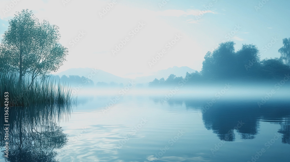 Serene Lakeside Landscape with Tranquil Waters and a Lush Tree Centered in the Frame, Ideal for Nature Lovers, Art Prints, and Relaxation Themes in Photography and Marketing Materials Serene Lakeside Landscape with Tranquil Waters and a Lush Tree Centered in the Frame, Ideal for Nature Lovers, Art Prints, and Relaxation Themes in Photography and Marketing Materials